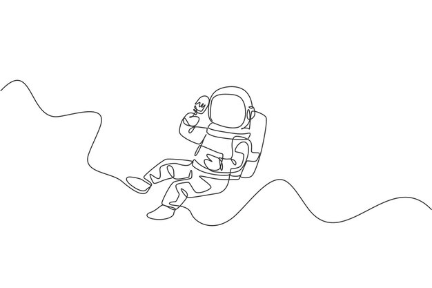one single line drawing astronaut flying relax in galaxy while eating popsicle ice cream vector art