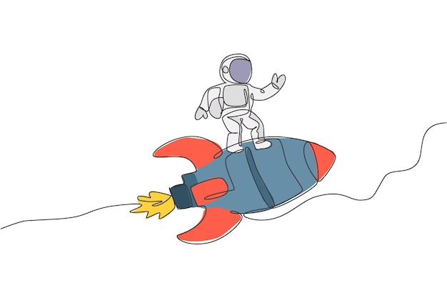 One single line drawing astronaut in spacesuit flying deep space while standing on rocket spaceship