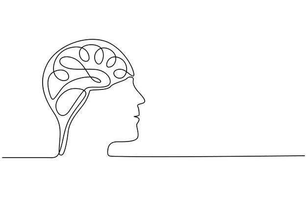 One single line drawing of smart human brain from side view logo identity