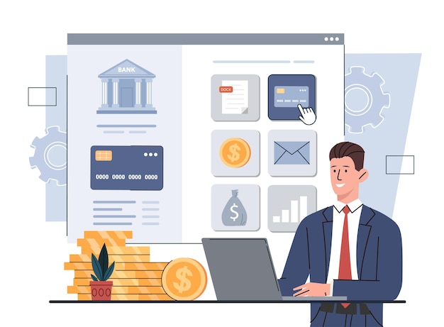 Online banking concept businessman with laptop manages finances and money cashless transfers and