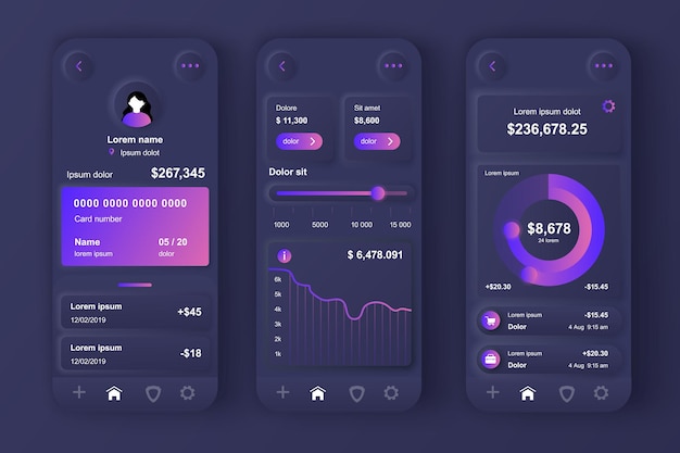online banking concept neumorphic templates set financial statistics ui ux gui screens