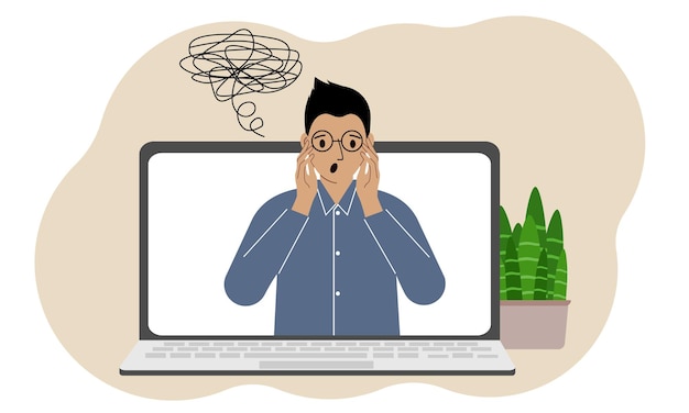 Online consultation with a psychologist Laptop with a man with confused thoughts Psychotherapeutic practice psychiatric consultation