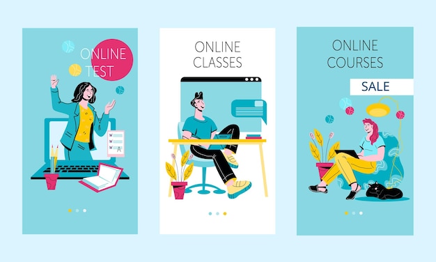 Online courses and distance onboarding screens cartoon vector illustration