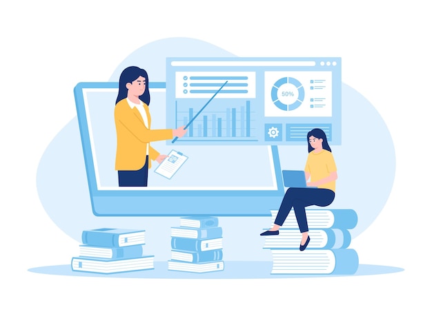 Online courses and tutorials using computers and laptops concept flat illustration