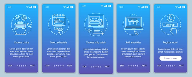 Online cruise booking onboarding mobile app page screen vector template