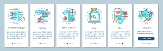 Online dating app onboarding mobile page screen vector template. Choose, register, select location, chat, meet, fall in love steps with linear illustrations. UX, UI, GUI smartphone interface concept