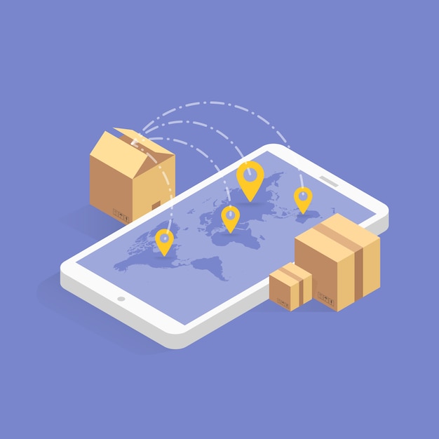 online delivery tracking  isometric icon.  illustration. smart post technology on digital tablet or mobile phone. track checker application