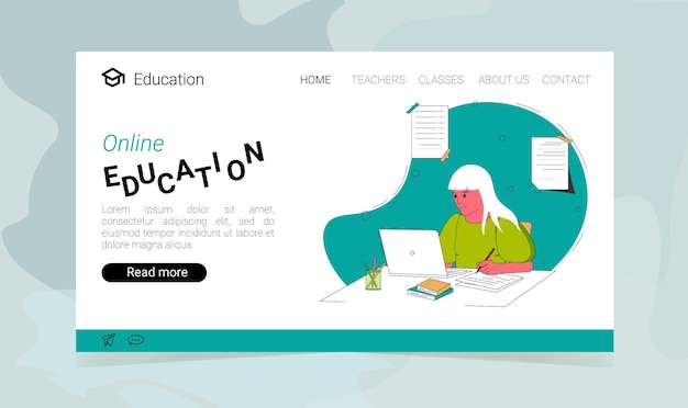 Online education landing page with a girl studying with computer. Vector illustration in flat style