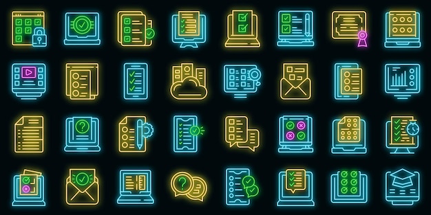 online exam icons set outline vector study class vector neon
