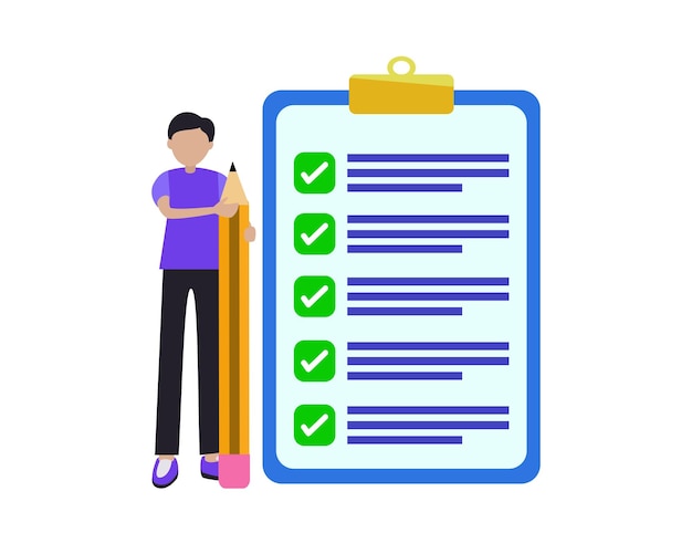 online form survey illustration young man holding a pencil filling out a survey form
