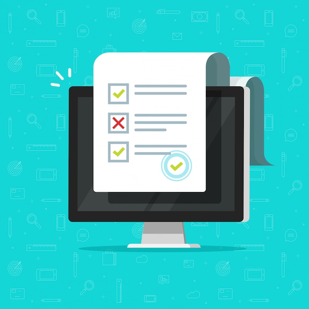 Online form survey or internet test results on computer  illustration flat cartoon