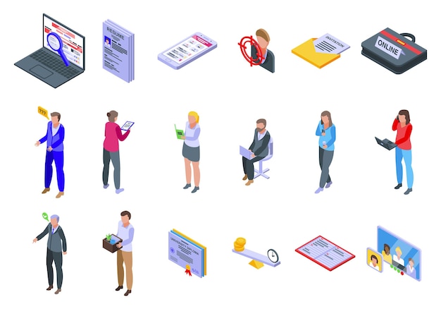 Online job search icons set. Isometric set of online job search  icons for web  