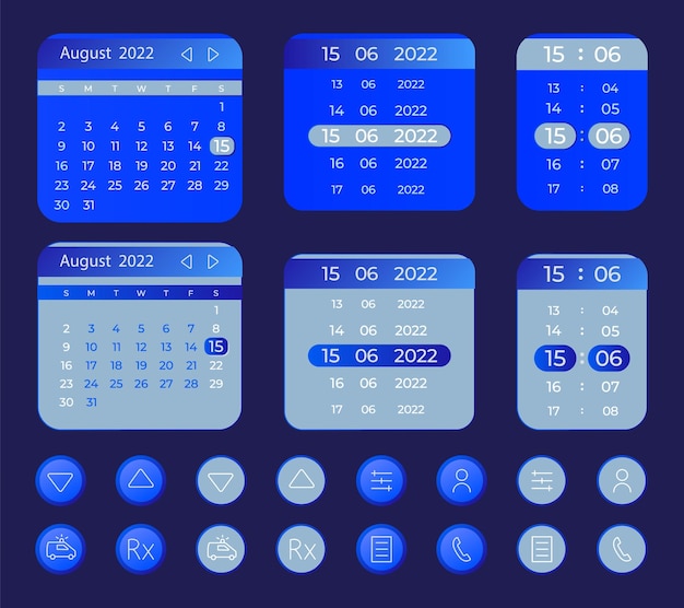 Online medicine schedule UI elements kit Isolated vector components Flat navigation menus and interface buttons template Web design widget collection for mobile application dark theme