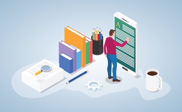 Online or digital reading book with people read on smartphone apps isometric style