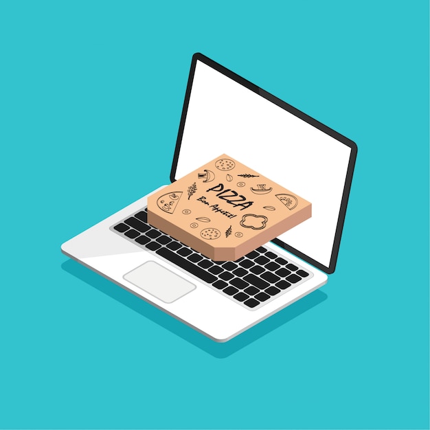 Online pizza order and delivery concept. Order fast food online. Isometric laptop with pizza in a box.