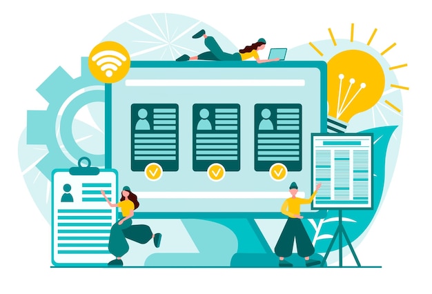 online recruitment computer and employee resumes hr management tiny people teamwork recruiting