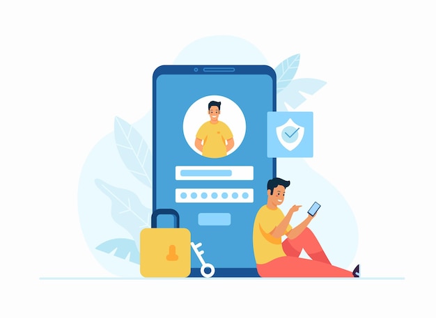 online registration and sign up concept flat vector illustration. young male cartoon character sitting next to huge smartphone and login to account on social media app. user interface. secure login