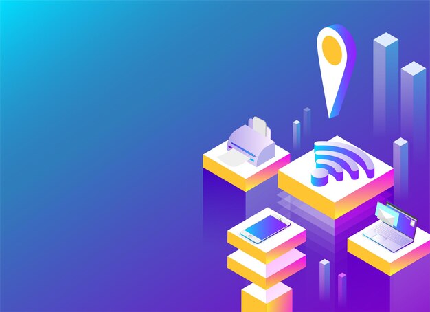 online service and mobile apps abstract isometric illustration on blue spectrum background