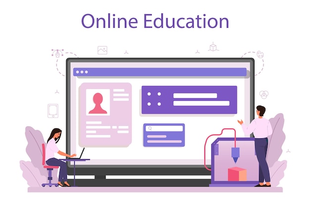 online service or platform. Digital drawing with electronic equipment. 3D printer engineering. Online education. Isolated vector illustration