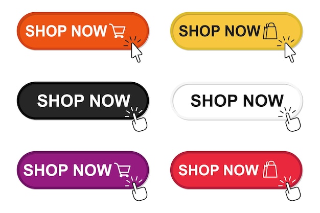 online shopping. click here, apply, buttons hand pointer clicking. shop now button. vector