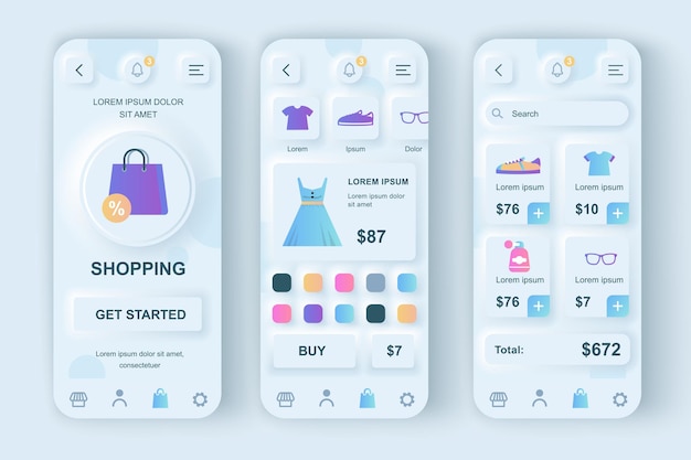 online shopping concept neumorphic templates set clothes and shoes store ui ux gui screens