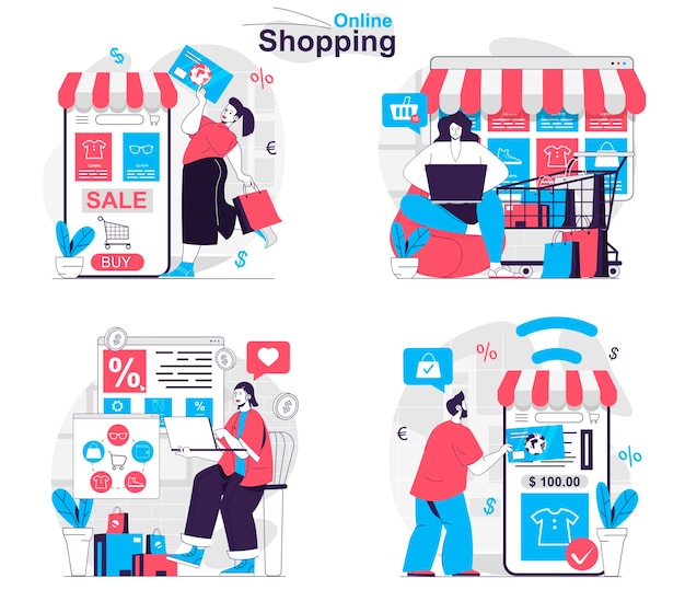 Online shopping concept set Buyers choose products buy at sales receive orders