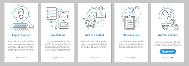 Online shopping onboarding mobile app page screen with linear concepts. Digital path to purchase steps graphic instructions. UX, UI, GUI vector template with illustrations