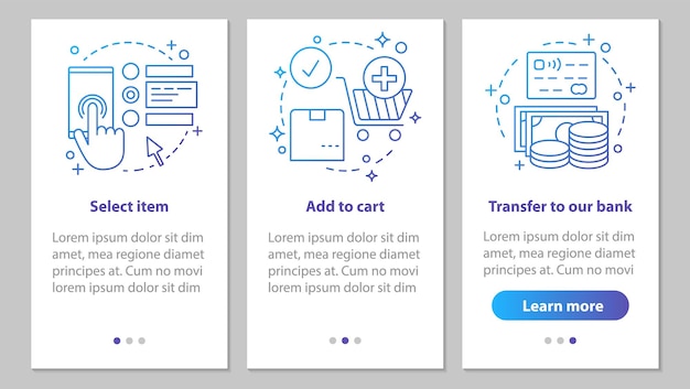 Online shopping onboarding mobile app page screen with linear concepts. Digital purchase steps graphic instructions. Select items, add to cart, make payment. UX, UI, GUI vector illustrations