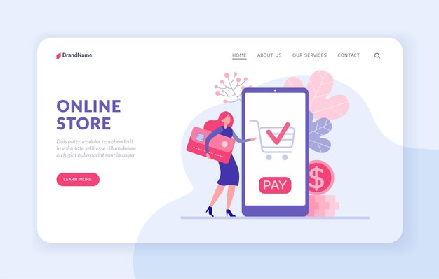 online store landing page template. woman pays online purchase by credit card illustration. female character with red card pays for product in web mobile application. internet marketing and commerce