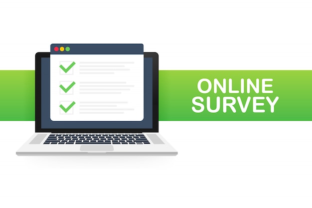 Online survey, checklist, questionnaire icon. Laptop, Computer screen. Feedback business .  illustration.