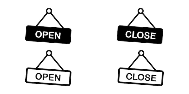 Open and close vector set icons. Hanging sign board for store, shop and office.