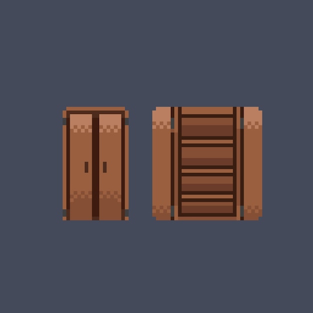 open and closed wooden shelf in pixel art style