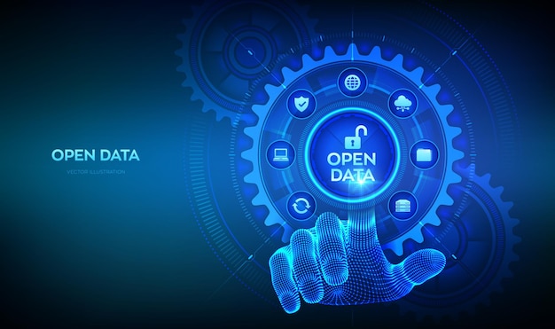 Open data database Digital file storage system Online documentation database technology concept DMS Integration API Hand touching digital interface with connected gears cogs and icons Vector