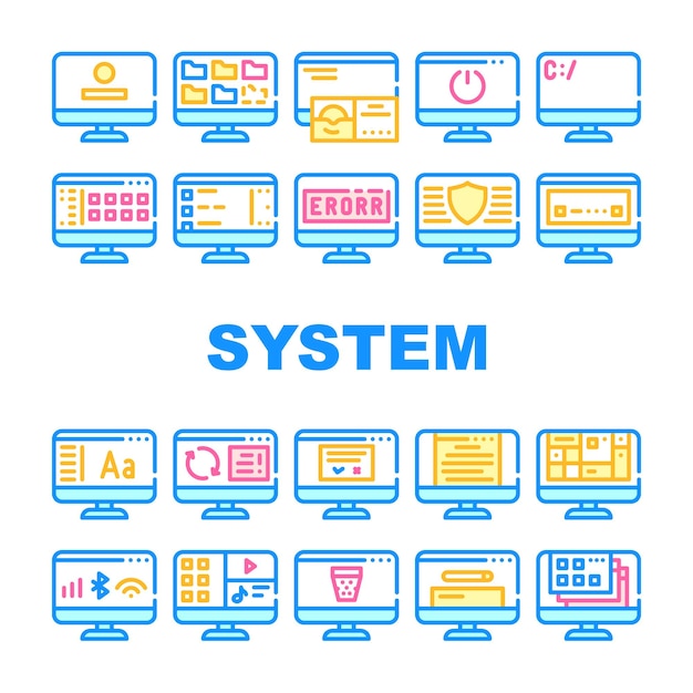Operating System Pc Collection Icons Set Vector Computer System Data Security And Error Connection And Download Media Files And Folders Concept Linear Pictograms Contour Color Illustrations