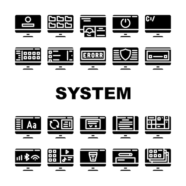Operating System Pc Collection Icons Set Vector Computer System Data Security And Error Connection And Download Media Files And Folders Glyph Pictograms Black Illustrations