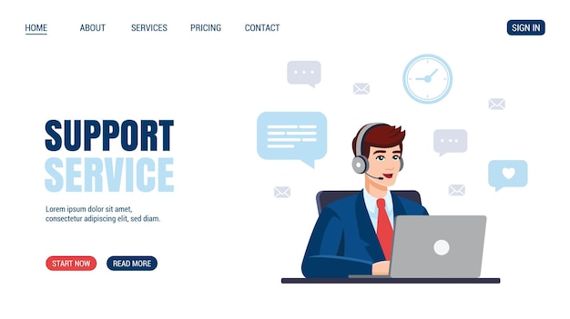 Operator man working with laptop Flat design Vector illustration flyer design Support service concept