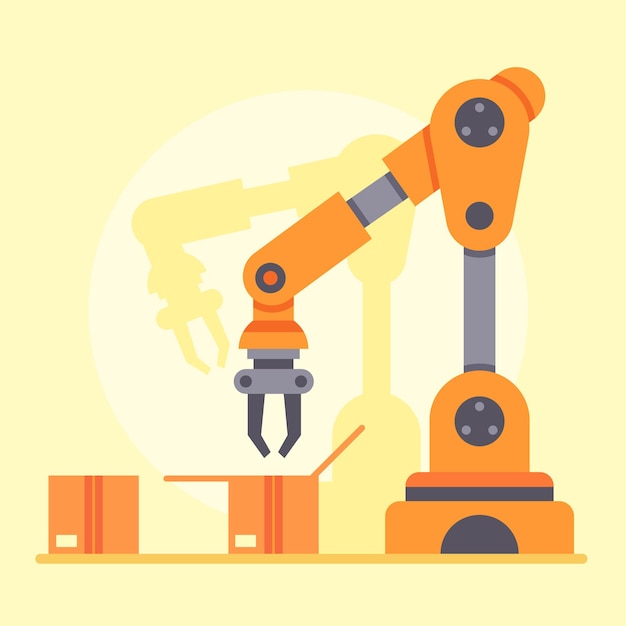 Orange robotic arm packing products into cardboard boxes on an assembly line representing automation in modern warehouse and industry 40 concept