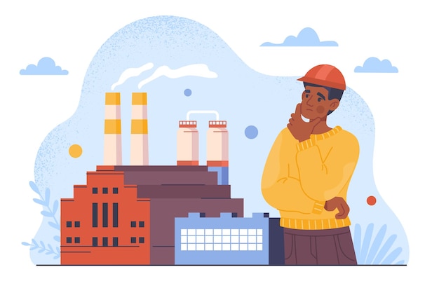 Organization of construction concept Man in protective ornage hat at background of plants and factories Builder and engineer at background of industrial buildings Cartoon flat vector illustration