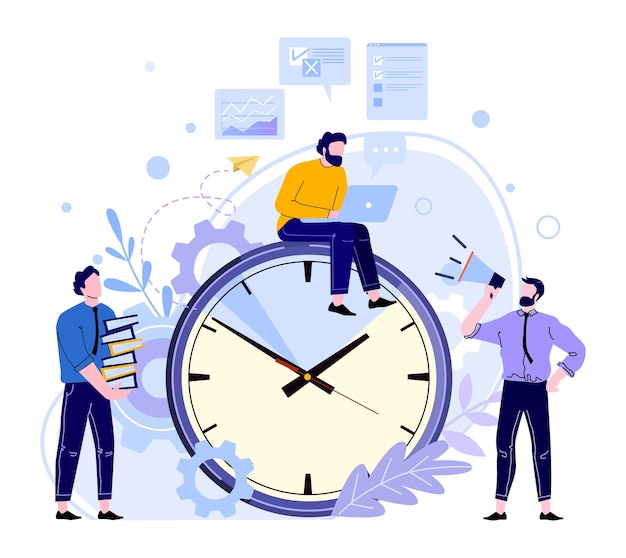 Organized office work Employee sitting at big clock and working at laptop to meet deadline Manager holding loudspeaker