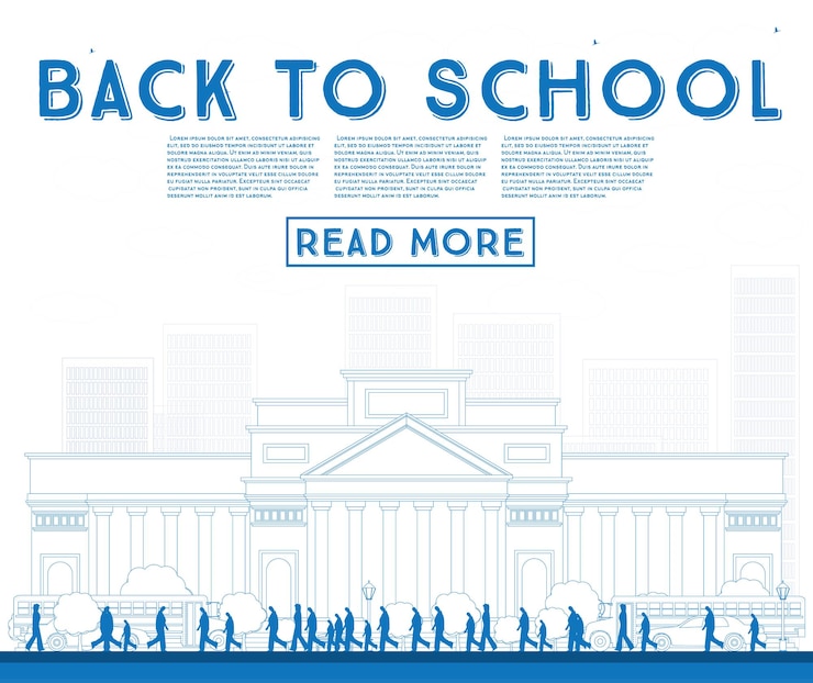 Vector outline back to school. banner with school bus, building and students. vector illustration.