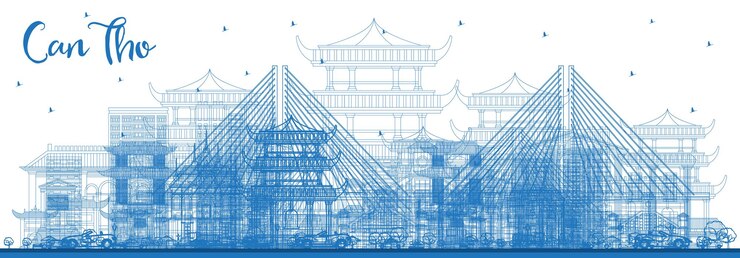 Vector outline can tho vietnam city skyline with blue buildings vector illustration business travel and tourism concept with historic architecture can tho cityscape with landmarks