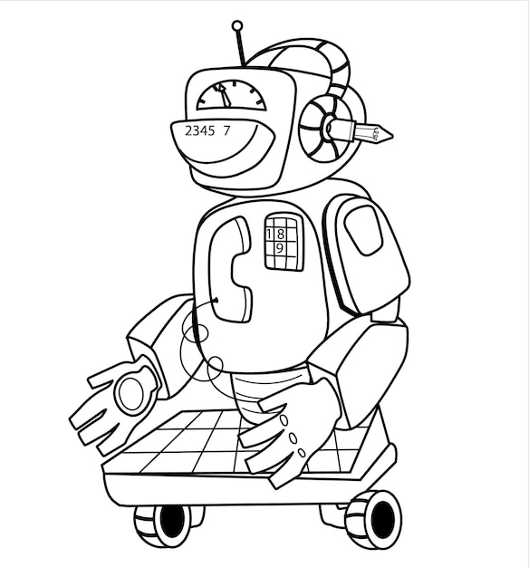 outline drawing of funny childish robot for children coloring book page vector