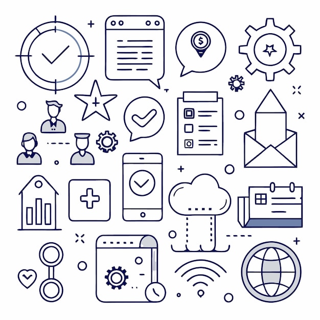outline icons for business finance technology and communication