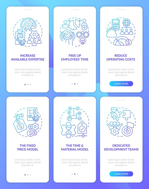Outsourcing practice blue gradient onboarding mobile app screen set
