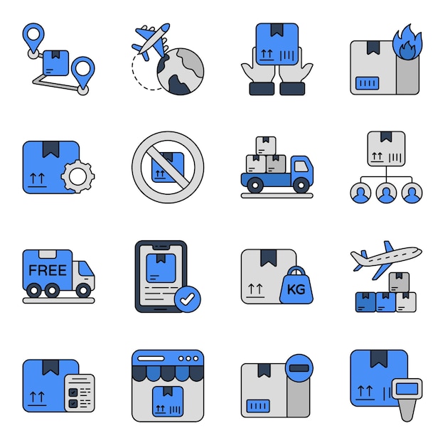 pack of logistic and cargo flat icons