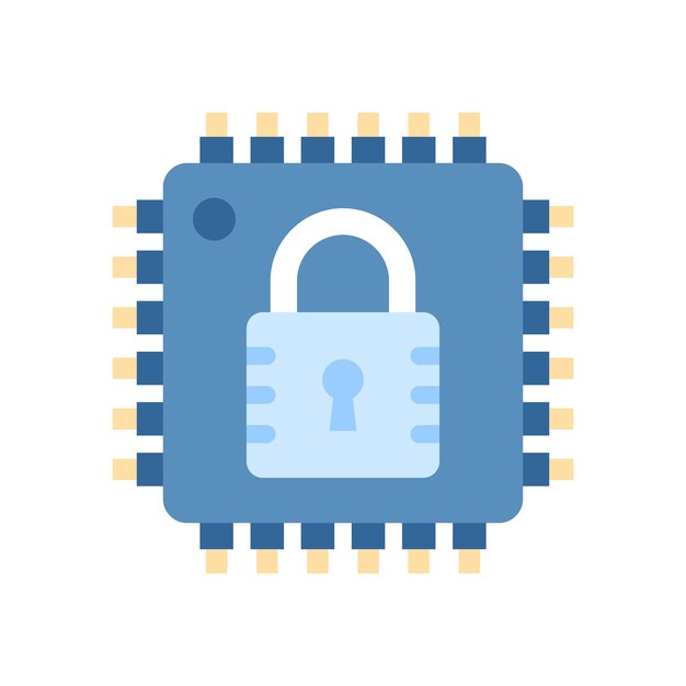 Padlock with microprocessor showing flat icon of secure processor