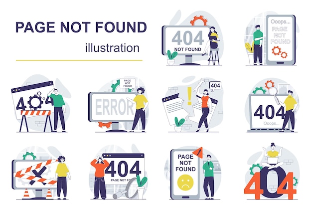 page not found concept with character situations mega set vector illustrations