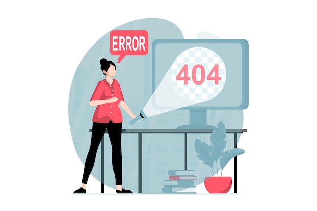 page not found concept with people scene in flat design woman works at computer and looking at message about error 404 mistake and disconnection vector illustration with character situation for web
