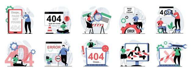 page not found web concept with people scenes mega set in flat design bundle of character situations with 404 error on website internet disconnect site connection maintenance vector illustrations