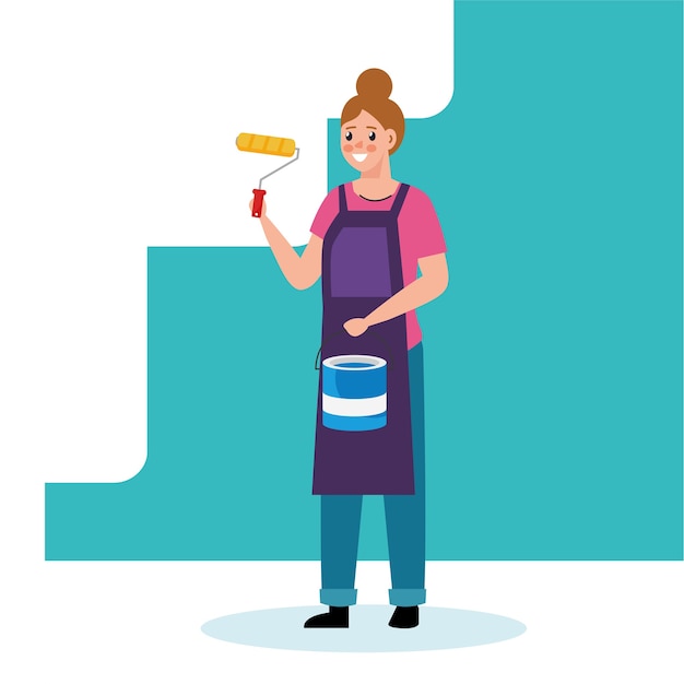 painter woman with roll and bucket